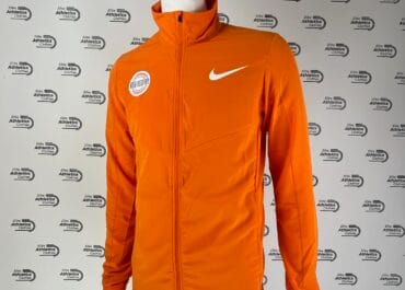 Nike Rosa & Co. Pro Elite Team 2023 Lightweight Tracksuit orange jacket front view closed with Rosa Associati badge and Nike swoosh