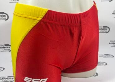 Joma Spain Pro Elite 2023 Women Booty Short Tights red yellow waistband ESP text front angled view mannequin