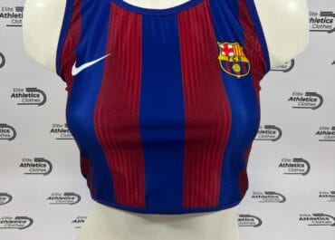 Nike FCB Pro Elite 2025 Women Crop Top blue red stripes Nike swoosh FCB crest front close-up view mannequin