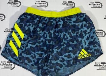 Adidas Pro Elite 2021 Running Shorts Special Edition blue camo print front view with neon yellow three stripes and Adidas logo