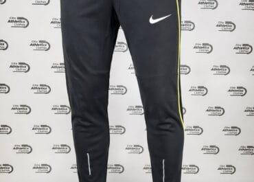 Nike Germany Pro Elite 2019 Podium Pants dark grey front view with yellow side stripes and white Nike swoosh on mannequin