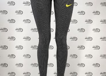 Nike Germany Pro Elite 2021 Women Olympic Long Tights grey pinstriped front full body view with yellow Nike swoosh on mannequin