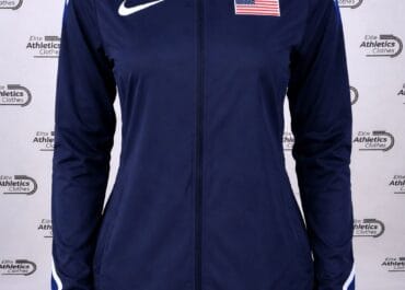 Nike USA Pro Elite 2019 Women Lightweight Jacket navy front view with white Nike swoosh and USA flag patch on mannequin