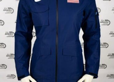Nike USA Pro Elite 2023 Women Storm Jacket navy hooded front view with white Nike swoosh and USA flag patch on mannequin