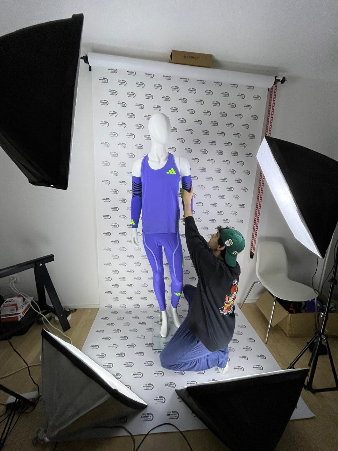 Preparing an adidas pro elite kit on a mannequin in the Elite Athletics Clothes studio