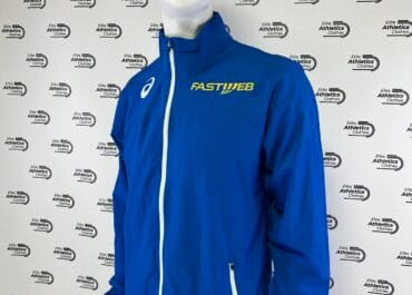Asics Italia Pro Elite 2019 Lightweight Tracksuit blue jacket front view Asics logo FASTWEB sponsor zipper mannequin