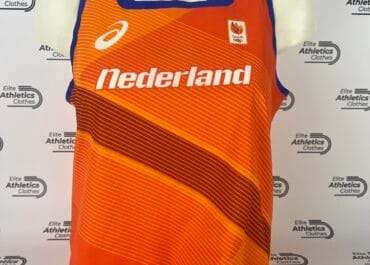 Asics Netherlands Pro Elite 2020 OLY Women Distance Singlet orange full front view with Nederland print and diagonal wave pattern