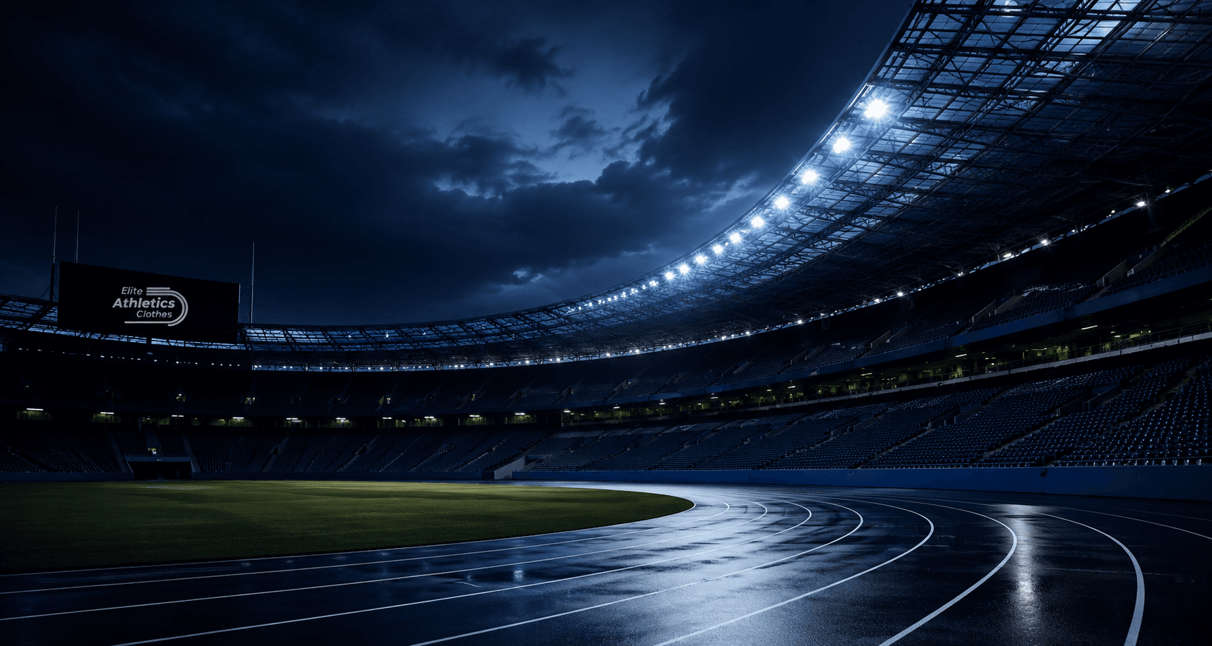 Athletics stadium at night under floodlights with the Elite Athletics Clothes logo on the screen