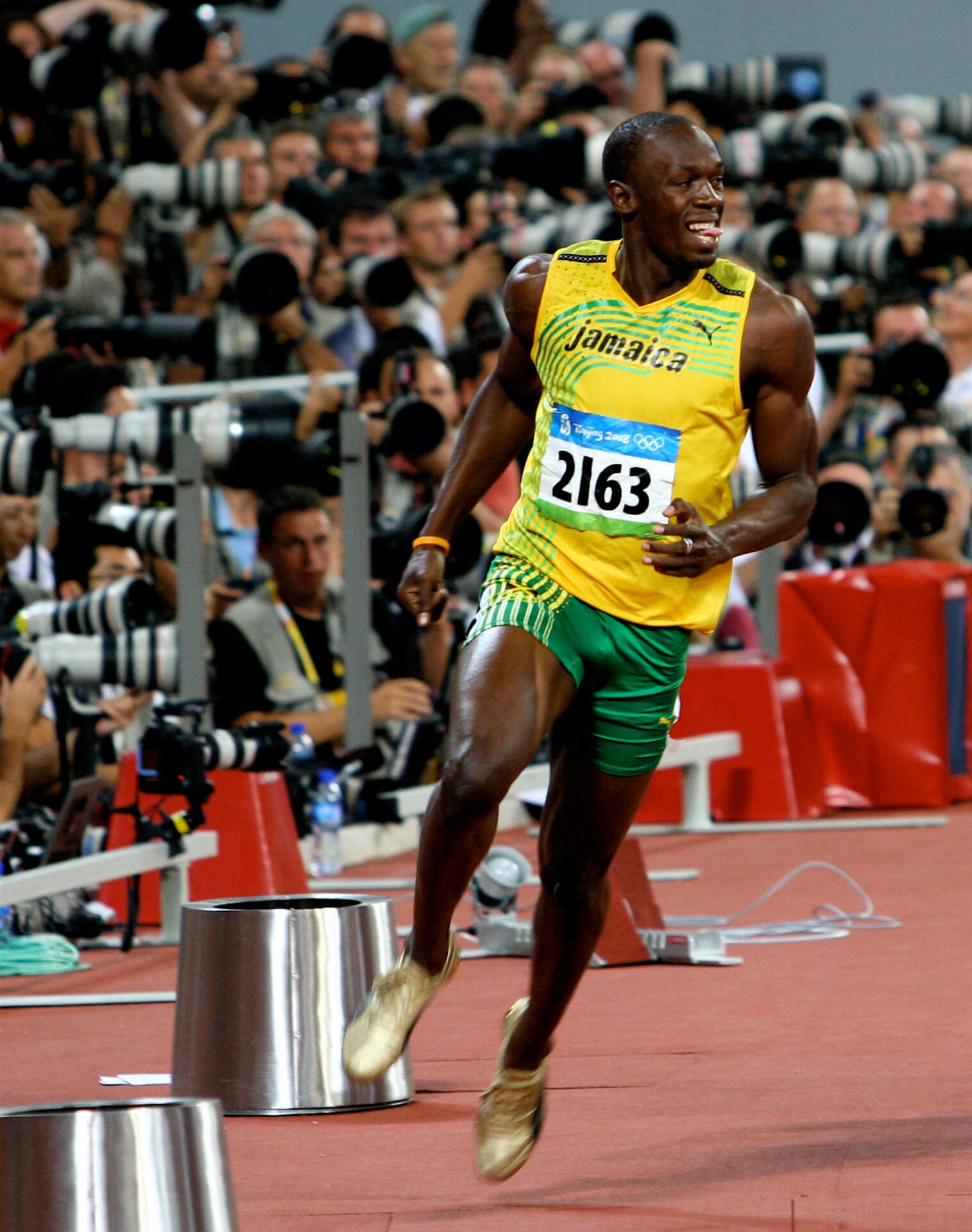 Usain Bolt celebrating at the Beijing 2008 Olympics