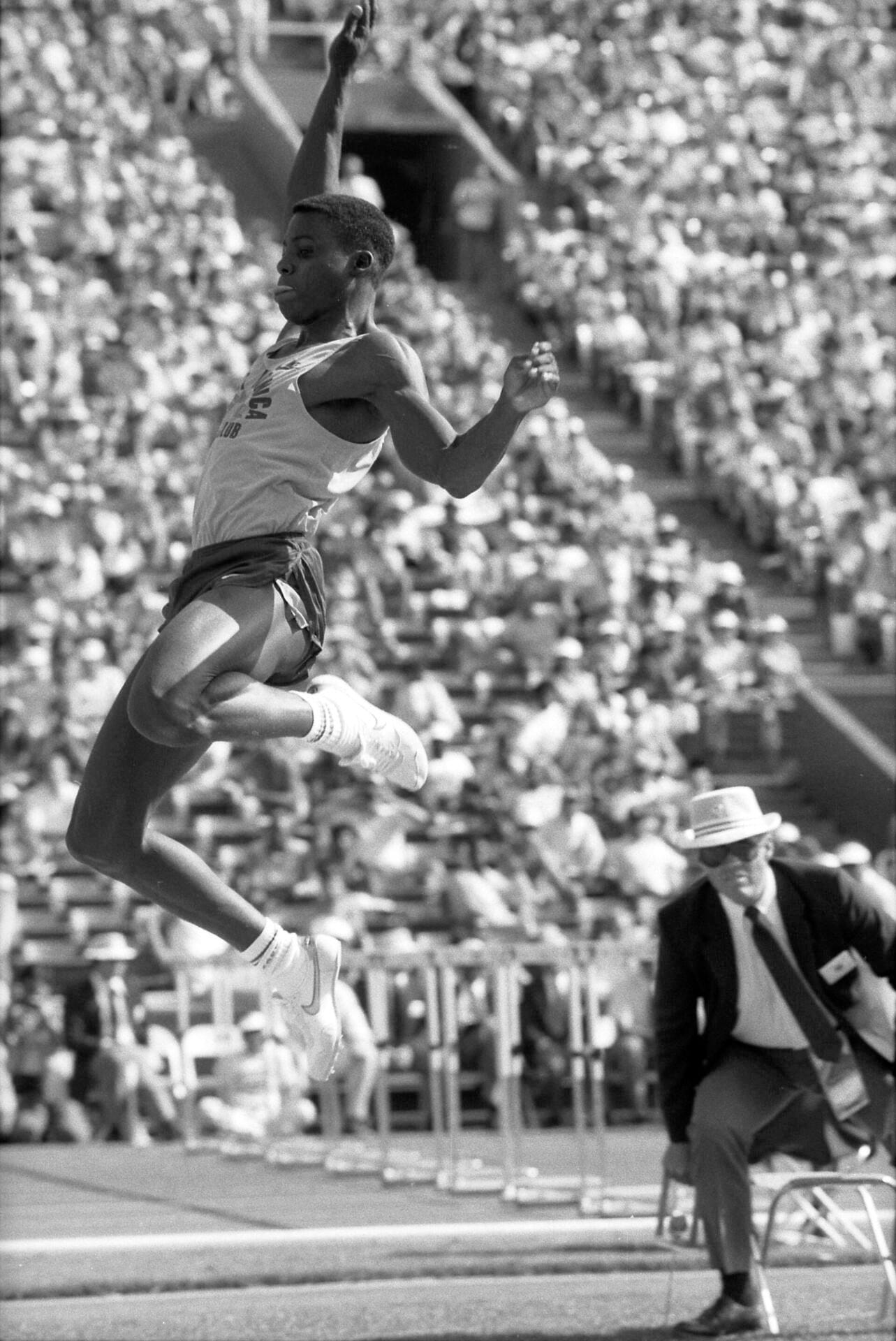 Carl Lewis long jumping at the 1984 US Olympic trials