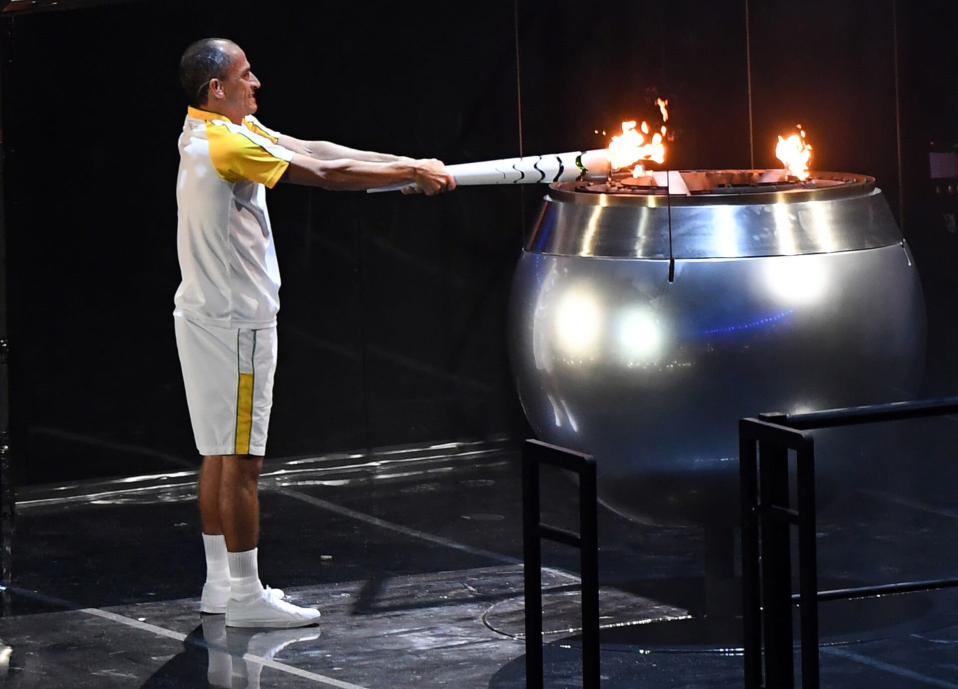 Vanderlei Cordeiro de Lima lighting the Olympic cauldron at the Rio 2016 opening ceremony