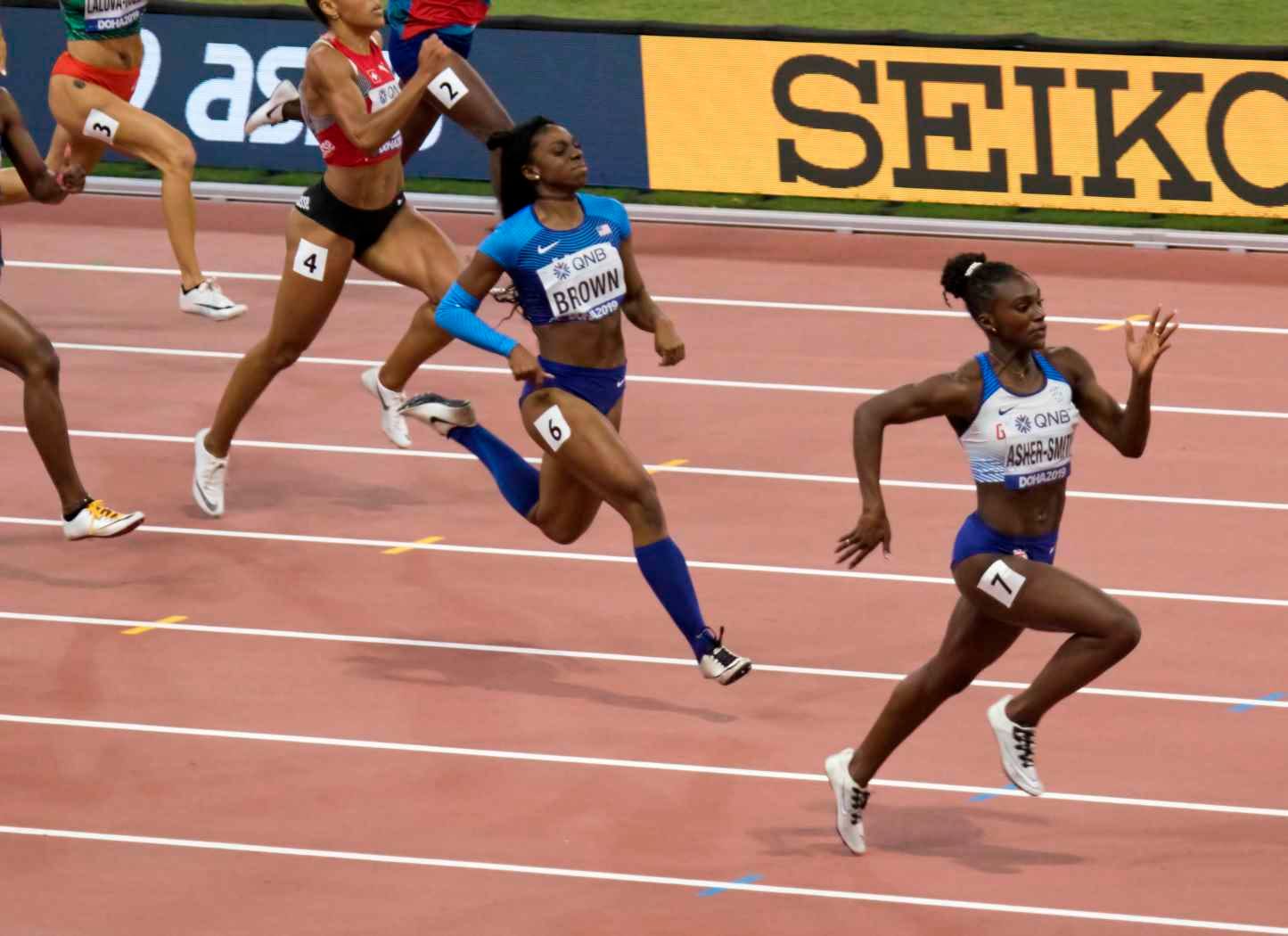 Dina Asher-Smith racing in the women's 200m final at the 2019 World Athletics Championships in Doha