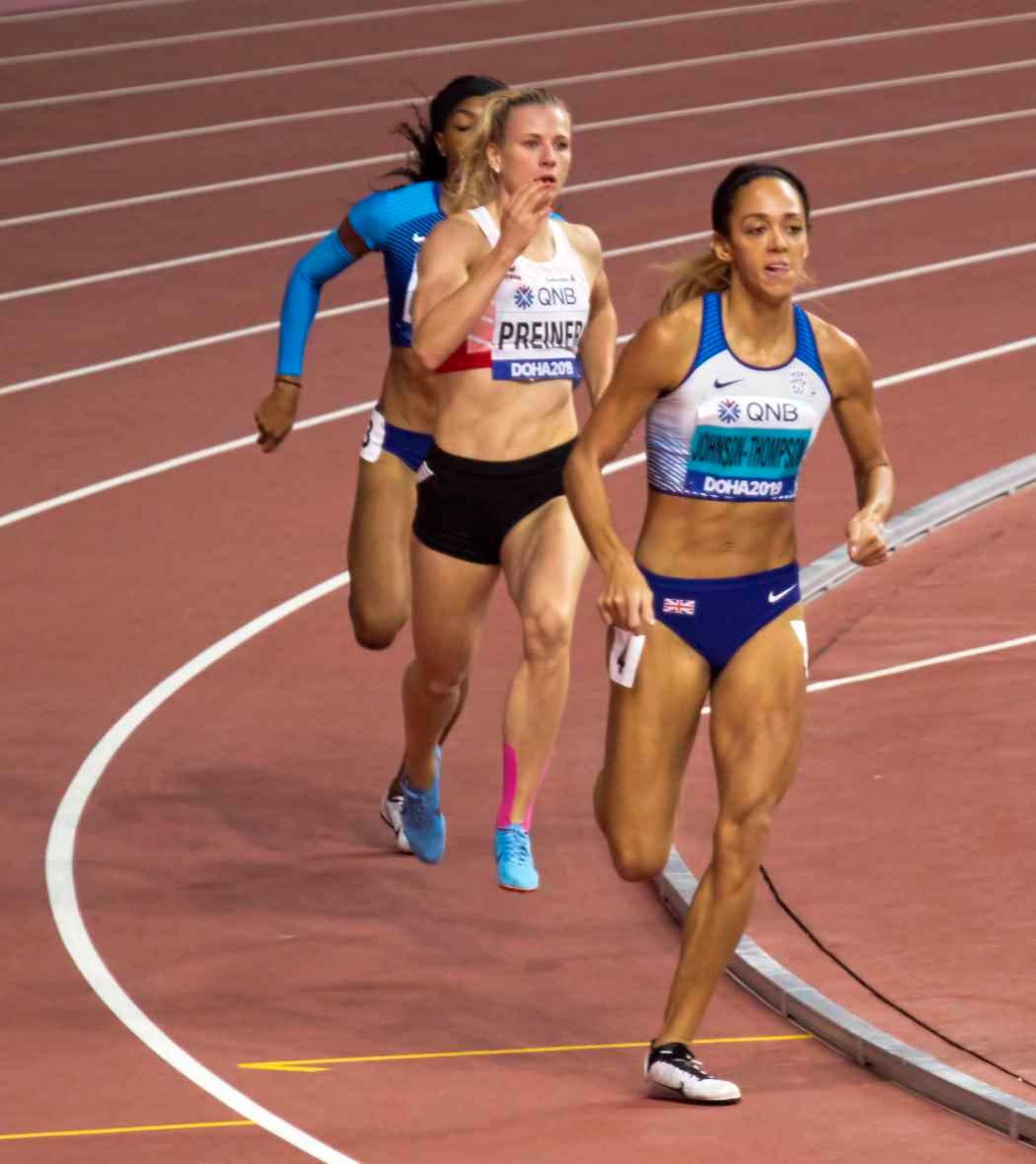 Katarina Johnson-Thompson running the 800m, the final event of the heptathlon, at Doha 2019