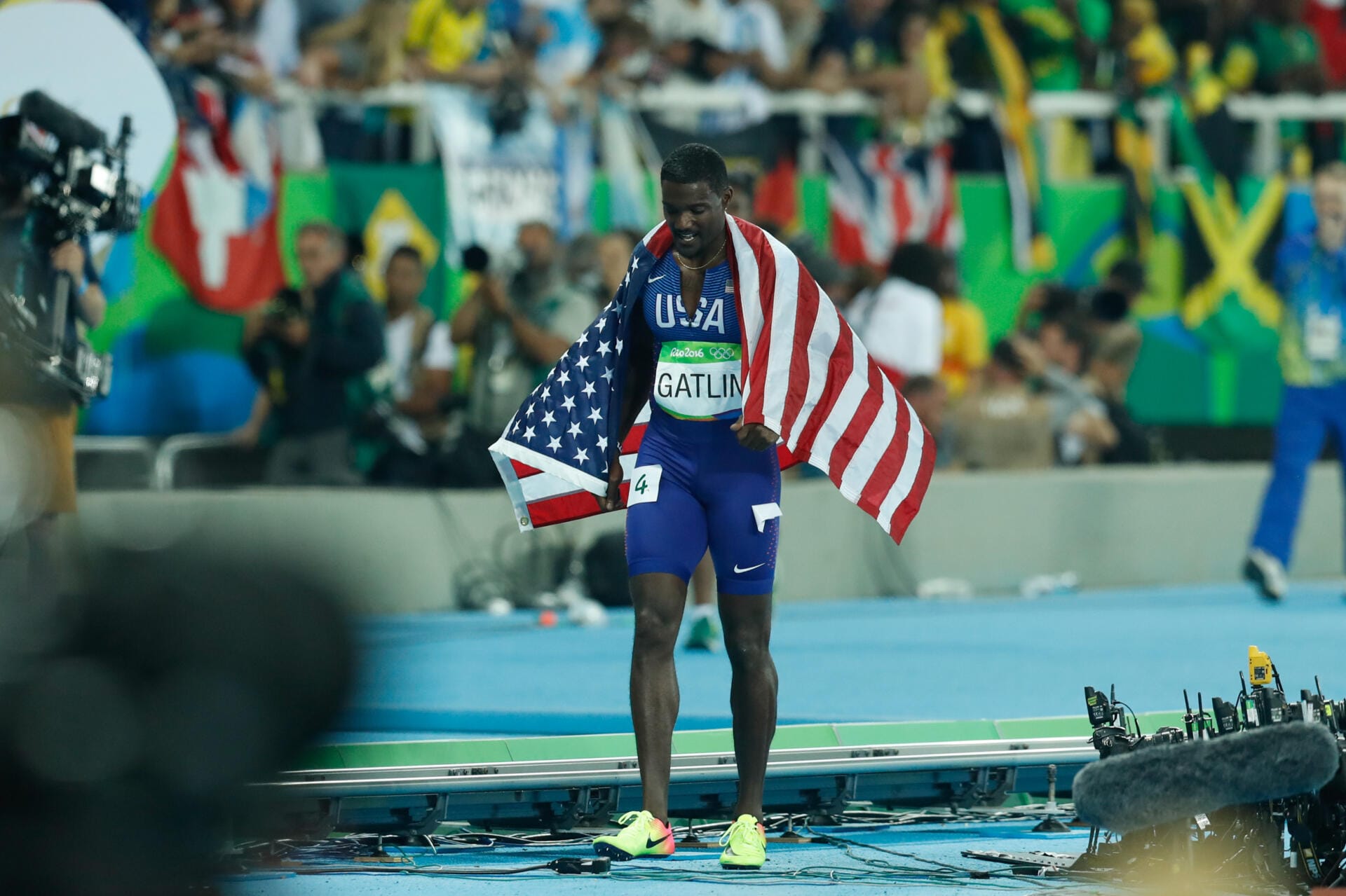 Justin Gatlin in the skin-tight USA Vapor sprint kit at the Rio 2016 Olympics