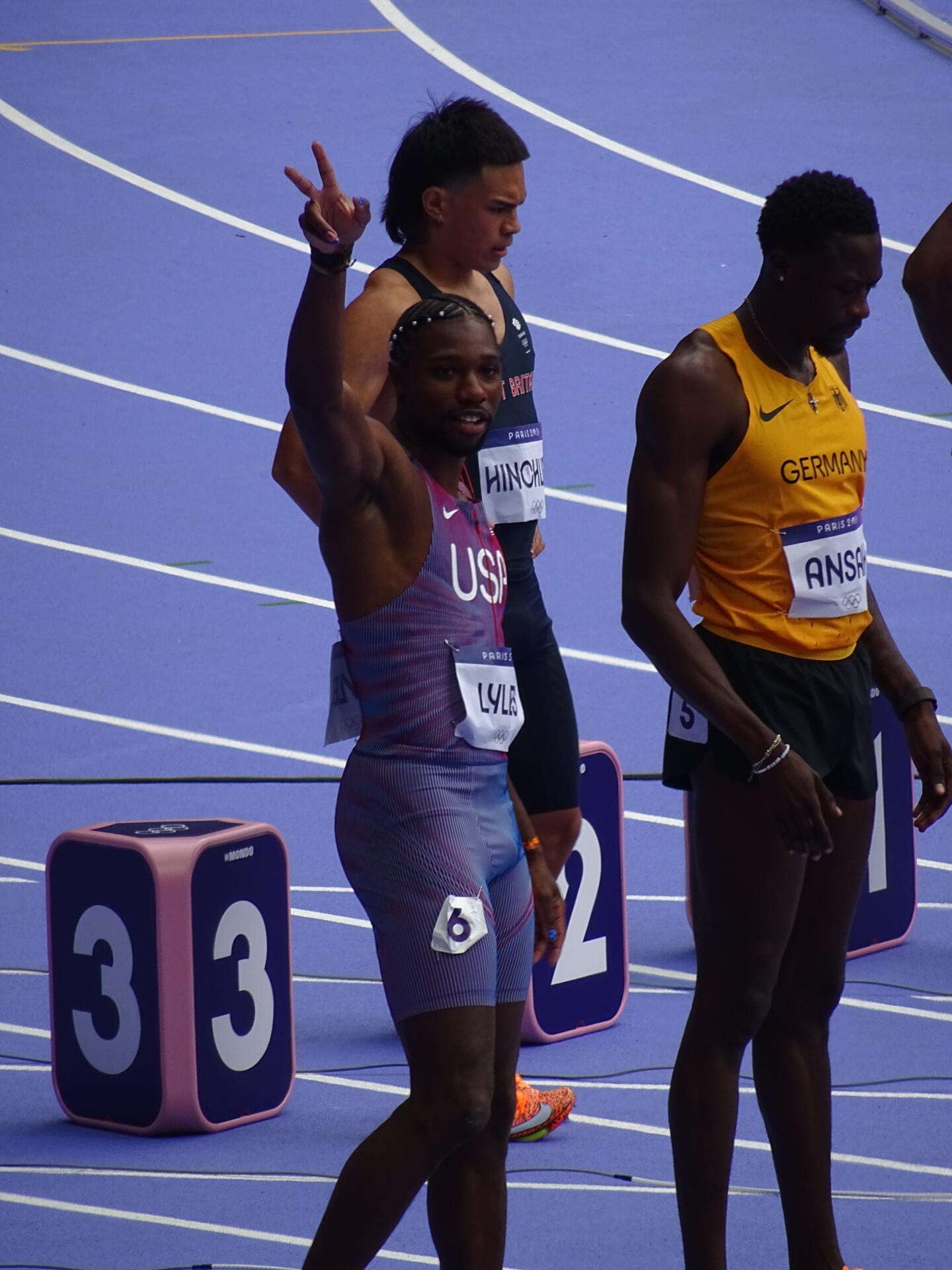 Noah Lyles in Team USA half tights at the start of the Paris 2024 Olympic 100 m