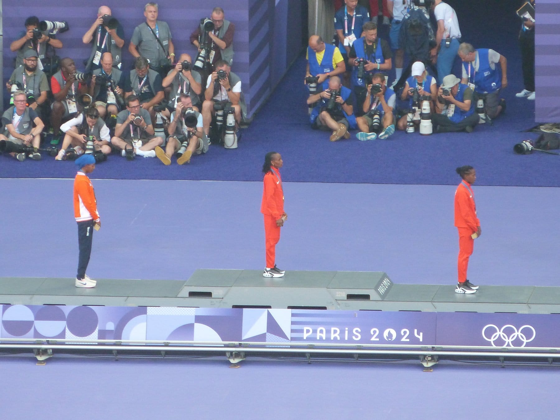 The women's 5000 metres podium at the Paris 2024 Olympic Games, with Beatrice Chebet as champion