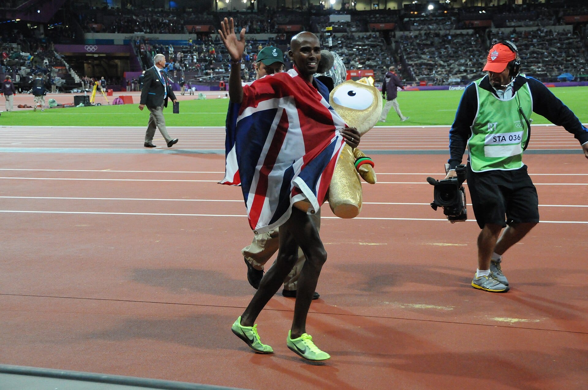 Mo Farah celebrating his 10,000m gold at the London 2012 Olympics