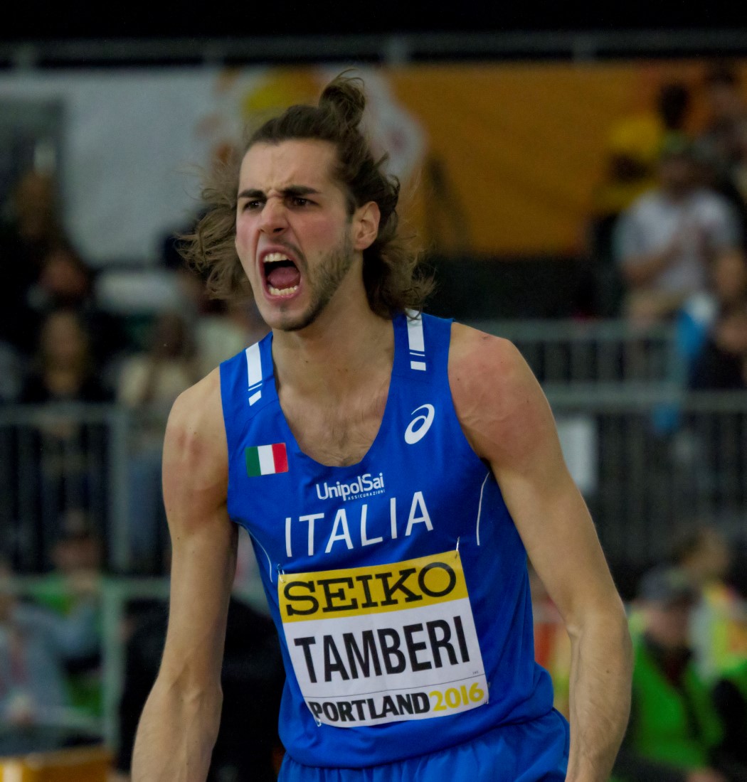 Gianmarco Tamberi competing in the high jump for Italy