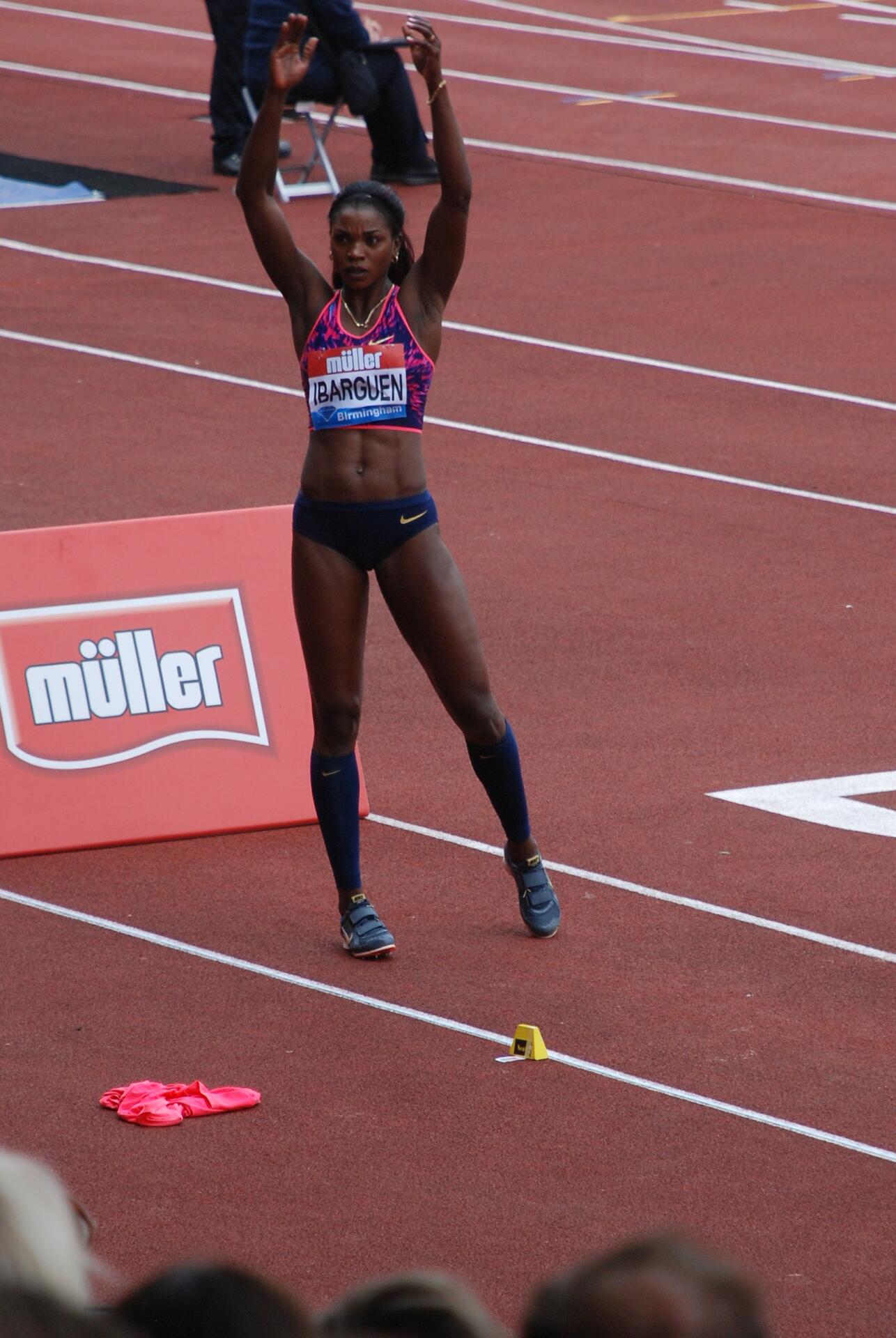 Caterine Ibargüen competing at the Birmingham Diamond League, 2017