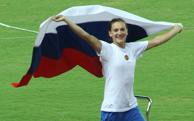 Yelena Isinbayeva celebrating her pole vault victory at the Osaka 2007 World Championships