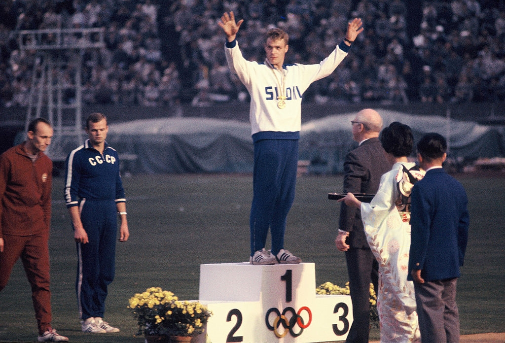Jānis Lūsis on the 1964 Olympic javelin podium