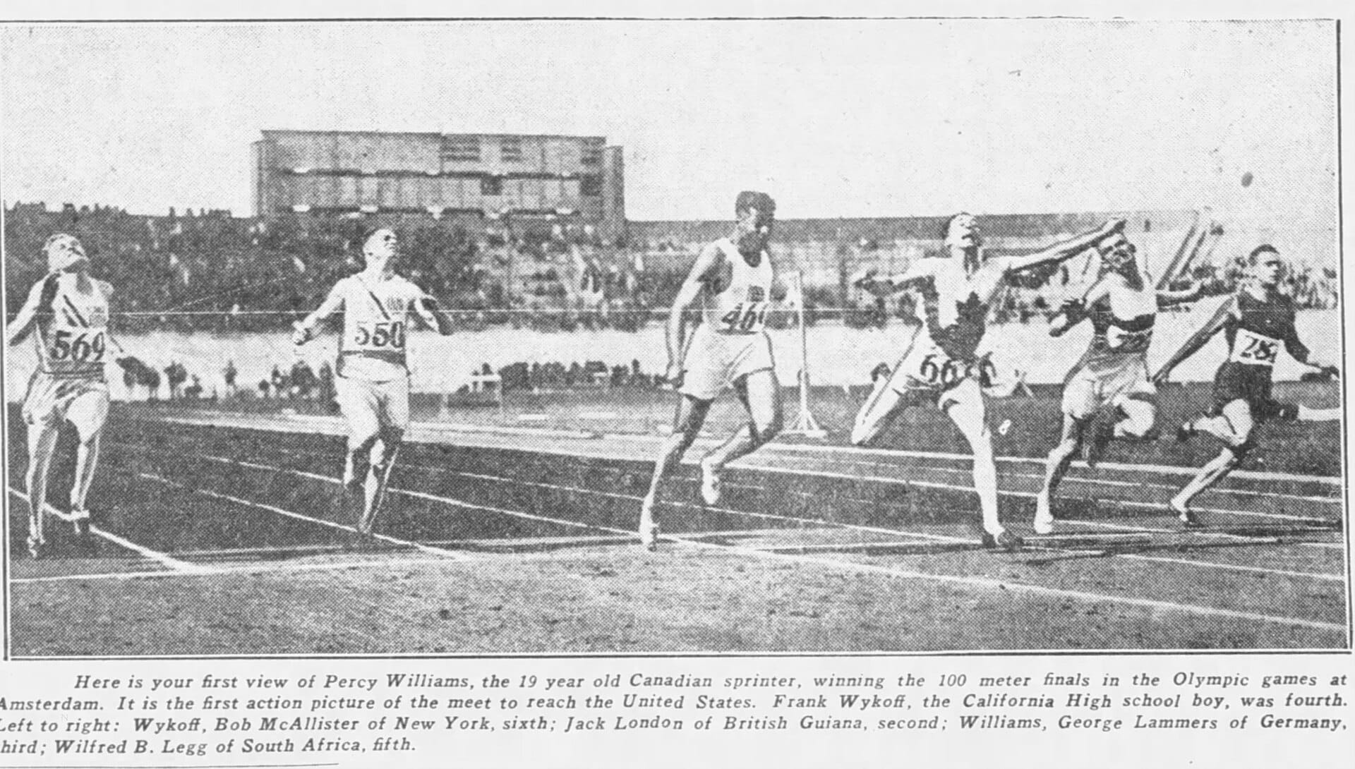 Percy Williams winning the 100m final at the Amsterdam 1928 Olympics
