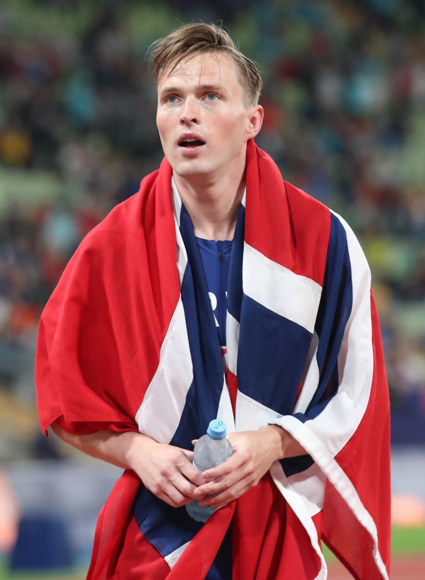 Karsten Warholm racing the 400m hurdles at the 2022 European Championships