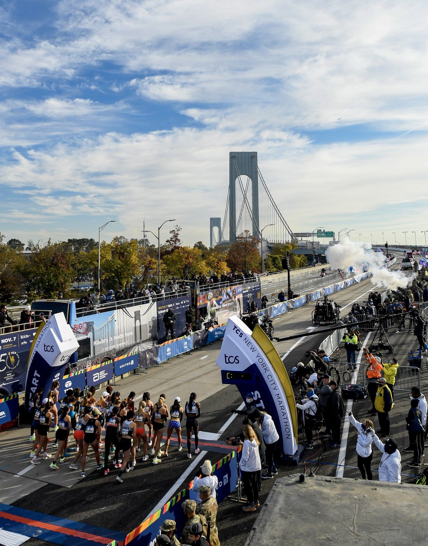 The elite women's field at the start of the 2021 New York City Marathon