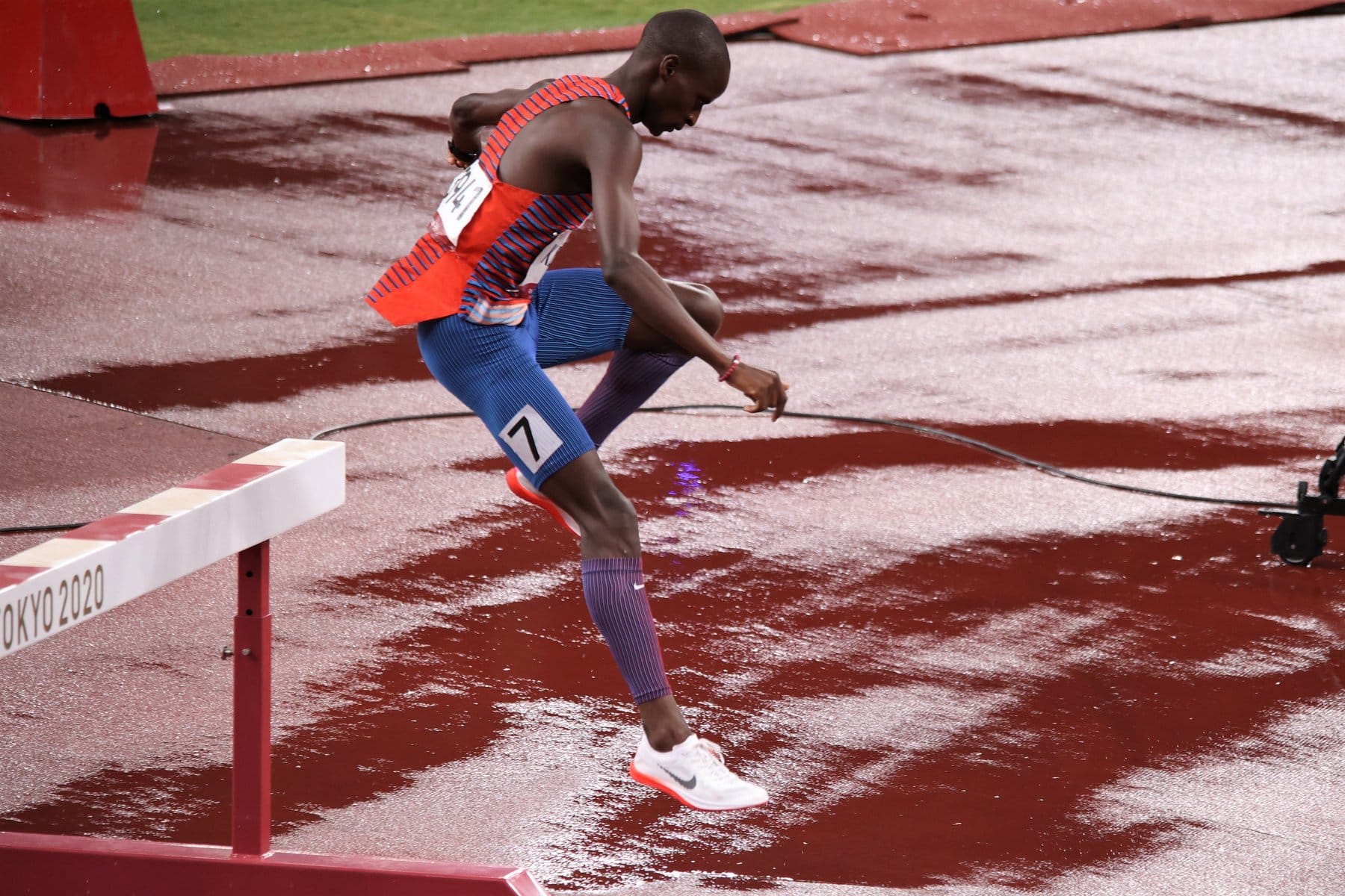 Benard Keter of Team USA clearing a barrier in the 3000 metres steeplechase at the Tokyo Olympics