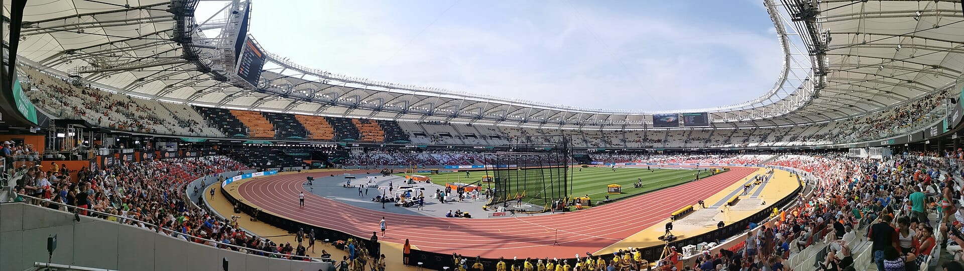 Panoramic view of the track and stands inside the National Athletics Centre in Budapest during the 2023 World Championships