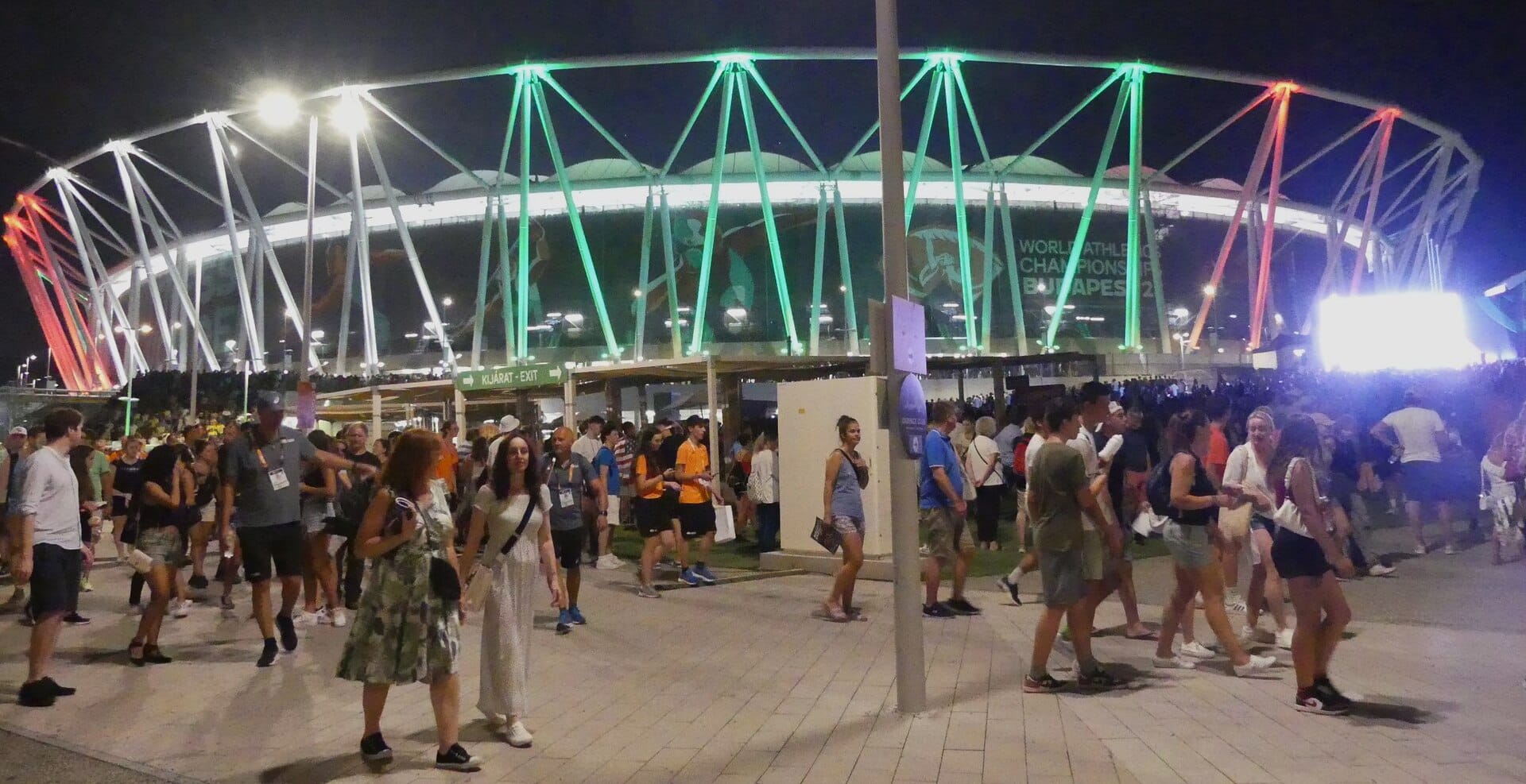 The National Athletics Centre in Budapest lit in green, white and red at night during the 2023 World Championships