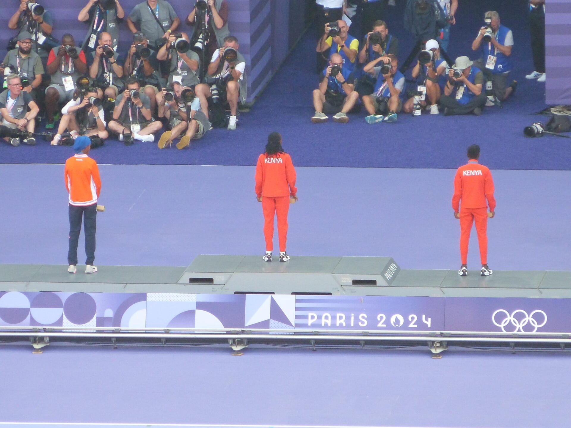 The women's 5000m podium at the Paris 2024 Olympics, with Sifan Hassan taking bronze