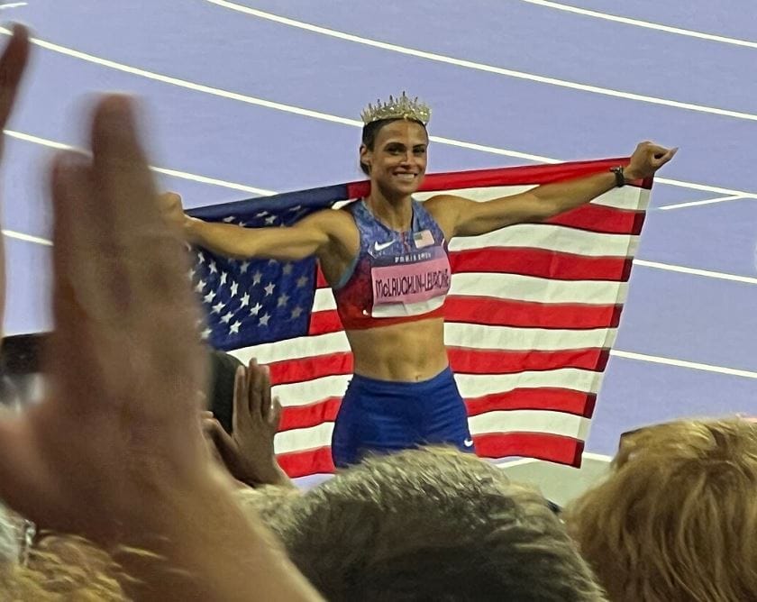 Sydney McLaughlin-Levrone racing in the USA kit at the Paris 2024 Olympic Games