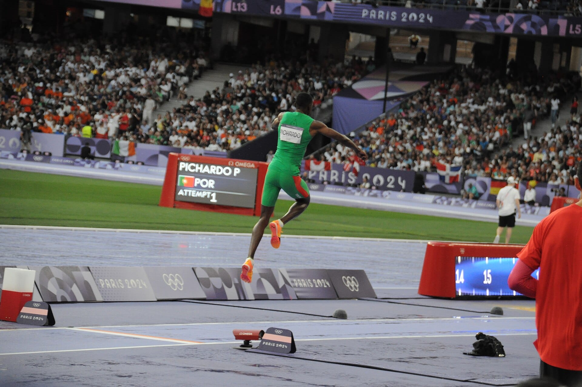 Pedro Pichardo jumping for Portugal in the triple jump at the Paris 2024 Olympic Games