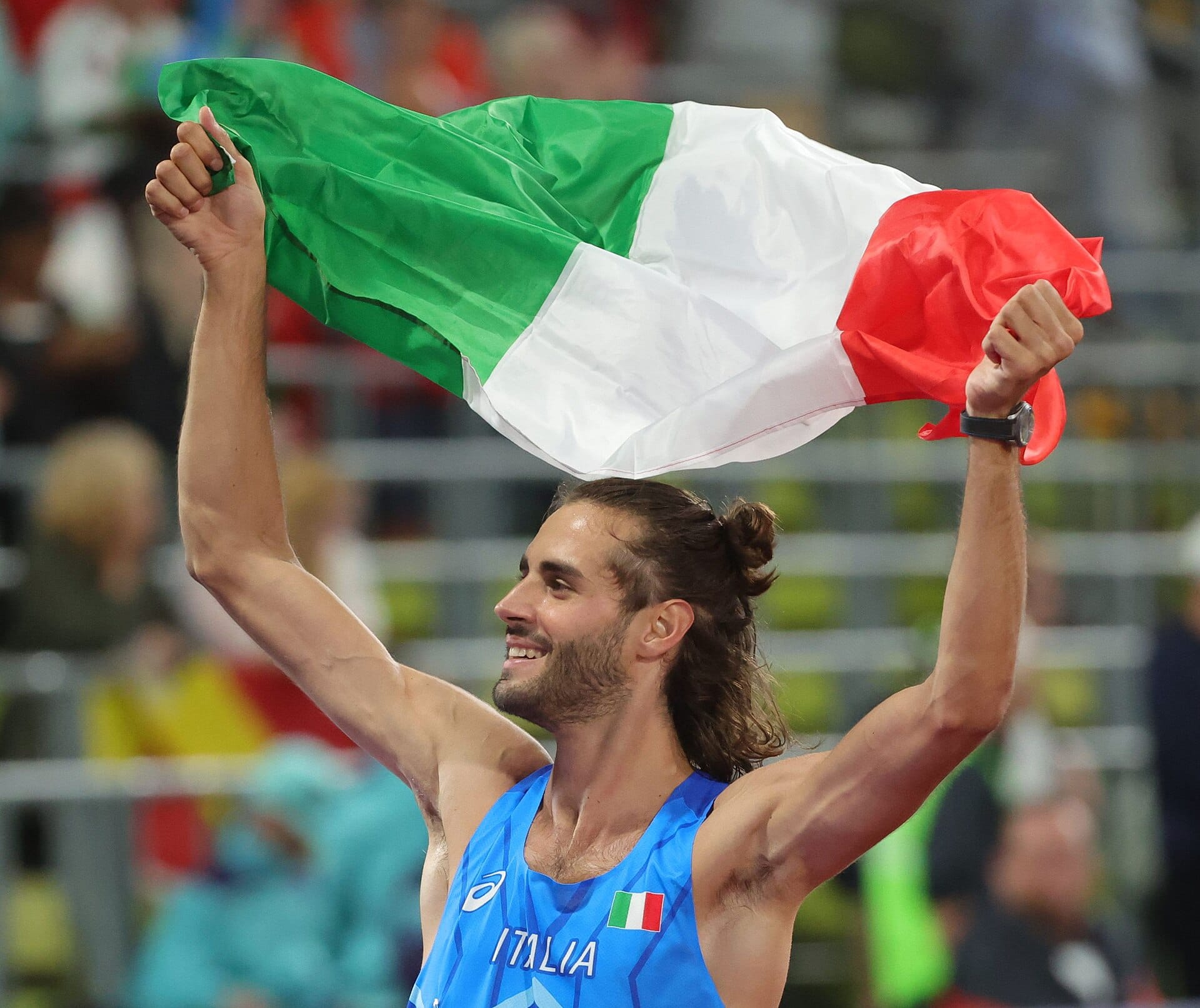 Gianmarco Tamberi competing in the high jump at the Munich 2022 European Championships