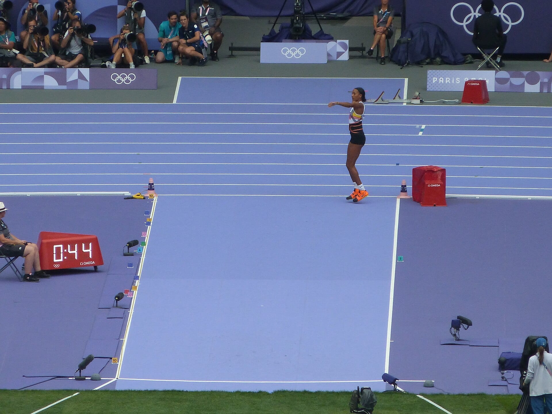 Nafissatou Thiam competing in the heptathlon in the Belgian kit at the Paris 2024 Olympics