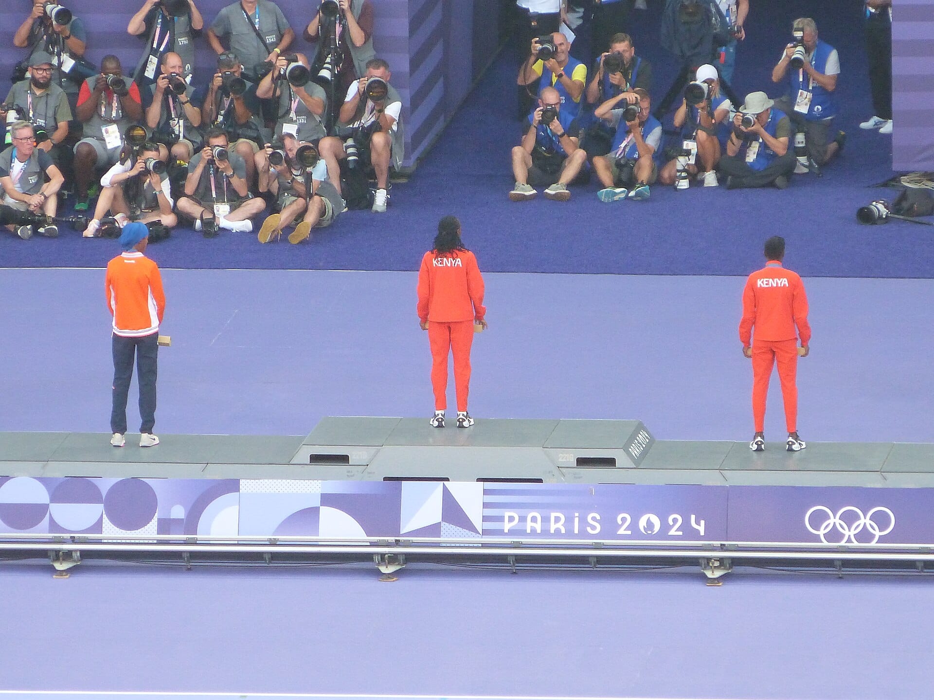 Beatrice Chebet and Faith Kipyegon on the women's 5000 metres podium at the Paris 2024 Olympic Games