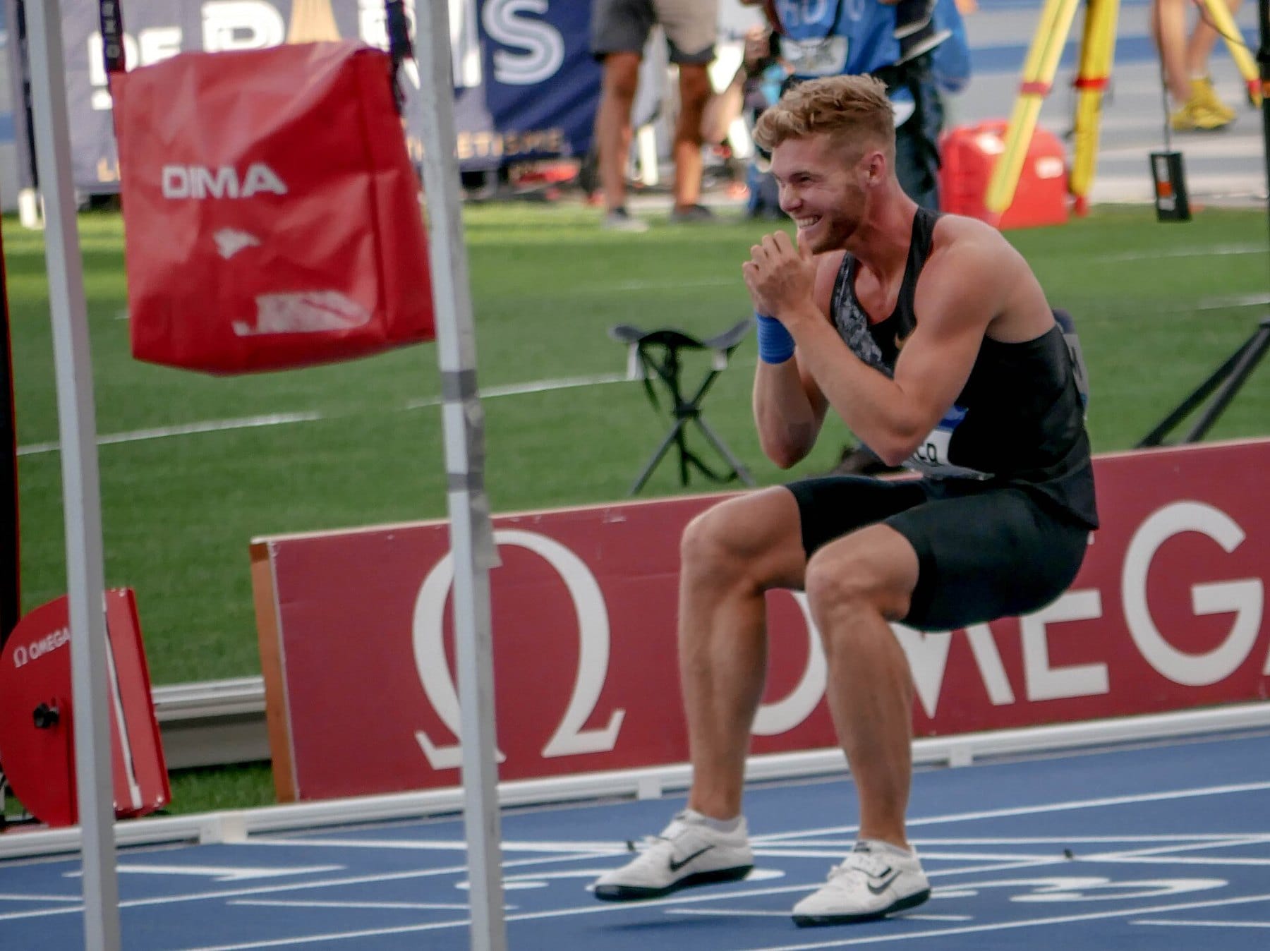 Kevin Mayer laughing during the shot put of the triathlon at the 2019 Meeting de Paris at Charlety
