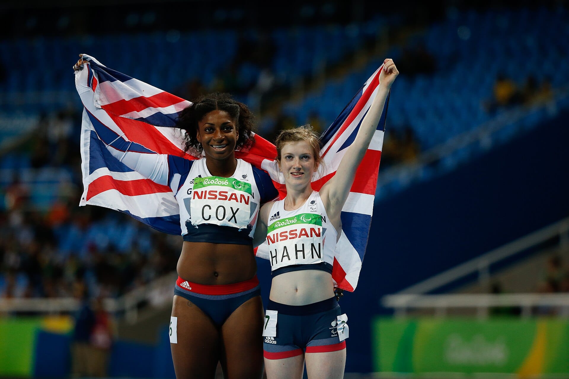 Kadeena Cox and Sophie Hahn of ParalympicsGB after the T38 100 m final in Rio, September 2016