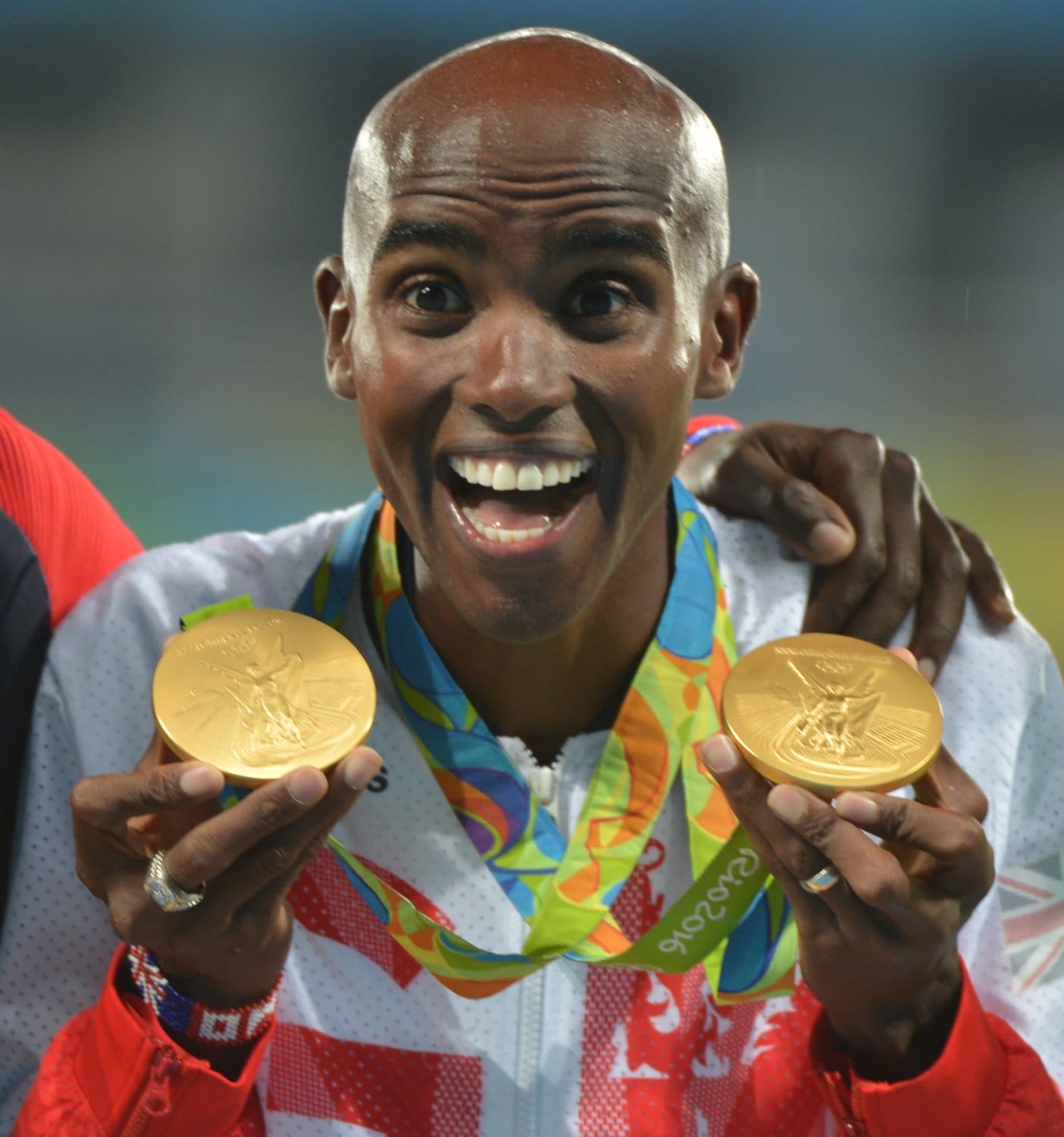 Mo Farah on the 5000 metres podium at the Rio 2016 Olympic Games