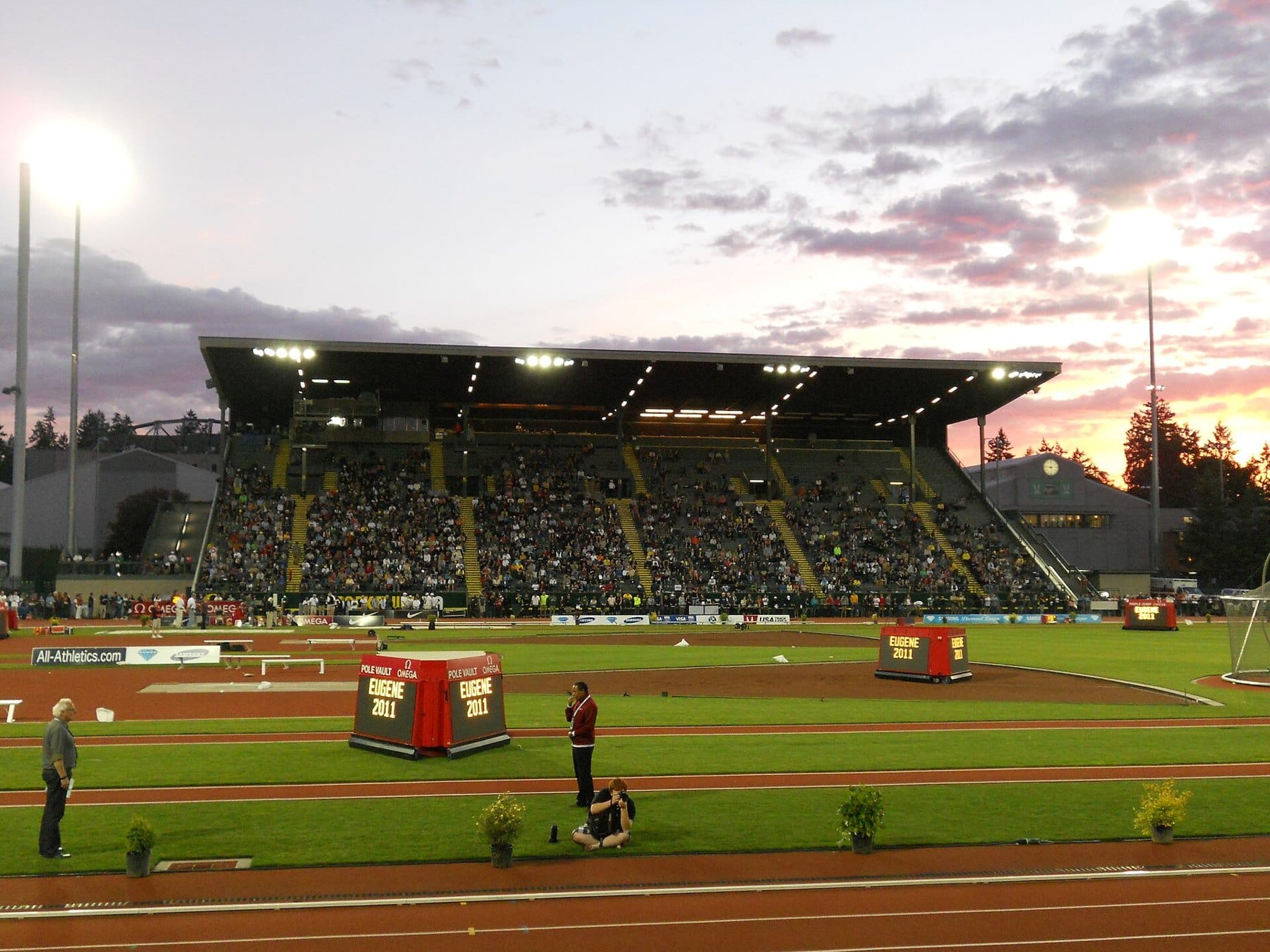 Hayward Field in Eugene at dusk during the 2011 Prefontaine Classic
